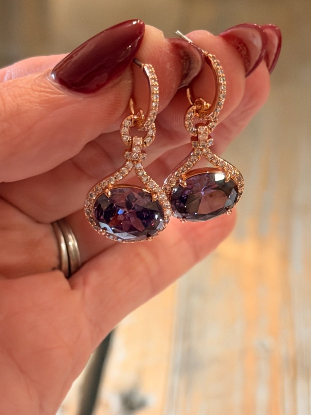 Bomb Party NWOT! Rose Gold Drop Earrings with Purple Stones - Picture 2 of 6